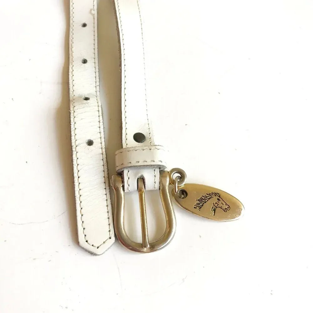 Vtg Jordache White Leather Belt Brass Horse Logo Slim Thin Womens Size XS Small